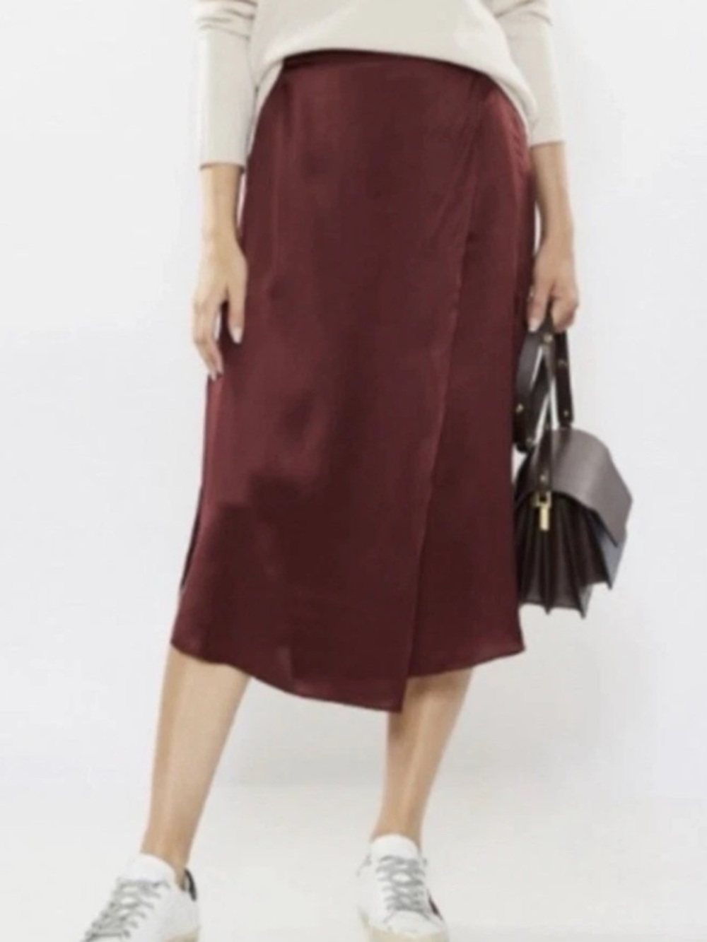 Vince 100% silk Merlot drape panel asymmetrical midi skirt elastic band sz L